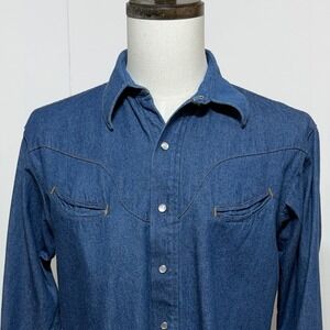 Schaefer Outfitter Shirt Mens Medium Blue Denim Western Ranchwear Pearl Snap USA